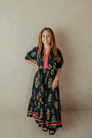 Accent Tiered Floral Midi Dress Black