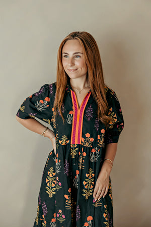 Accent Tiered Floral Midi Dress Black