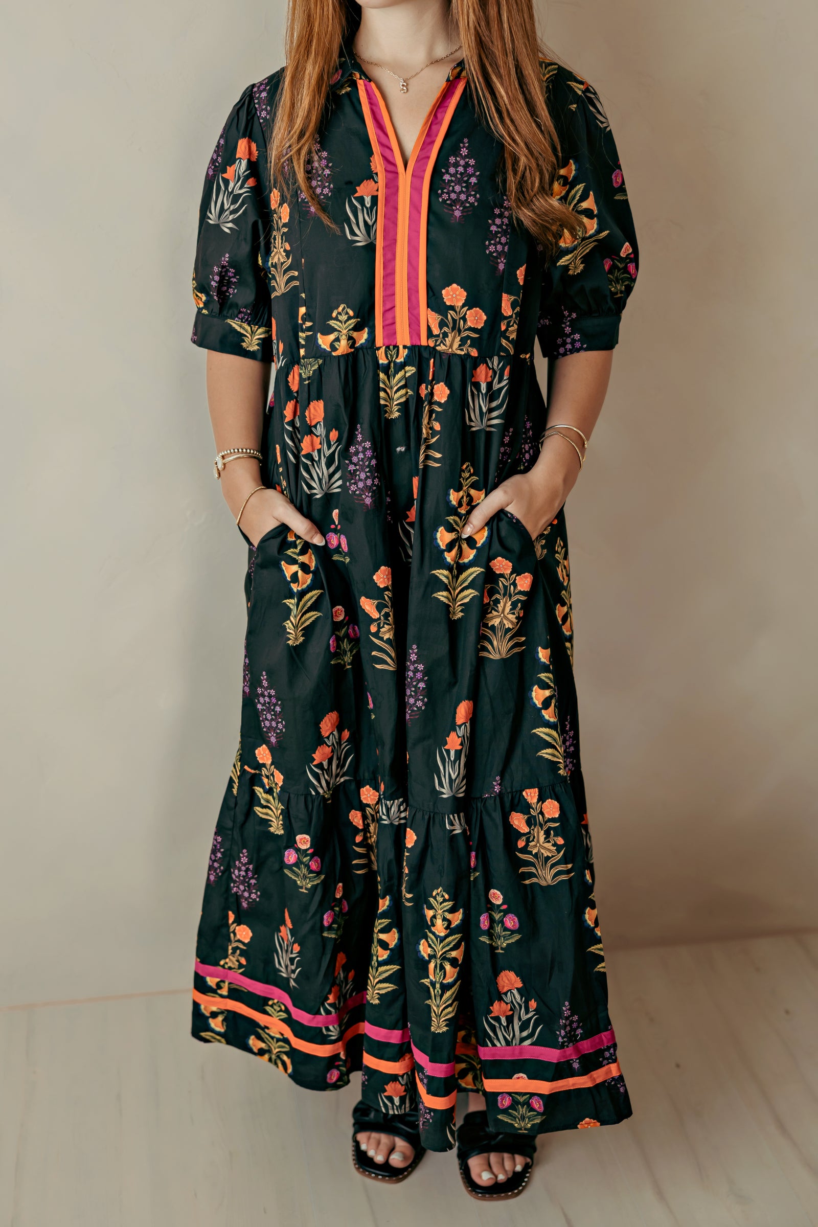 Accent Tiered Floral Midi Dress Black