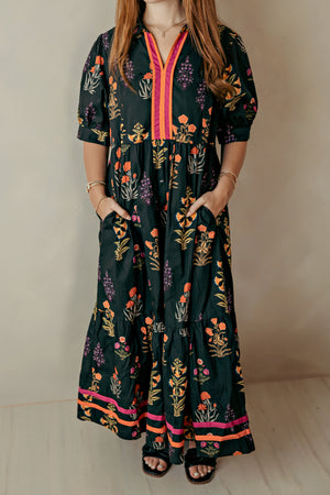Accent Tiered Floral Midi Dress Black