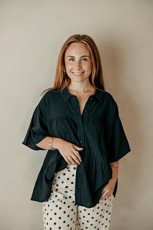 Flowy Button Up Collared Top Black
