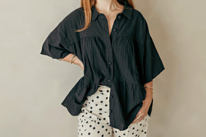 Flowy Button Up Collared Top Black