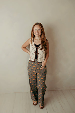 Wide Leg Boho Floral Casual Pants Olive
