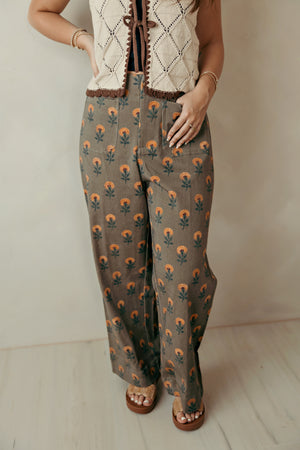 Wide Leg Boho Floral Casual Pants Olive