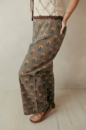 Wide Leg Boho Floral Casual Pants Olive