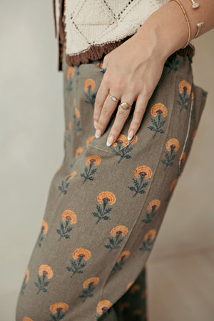 Wide Leg Boho Floral Casual Pants Olive