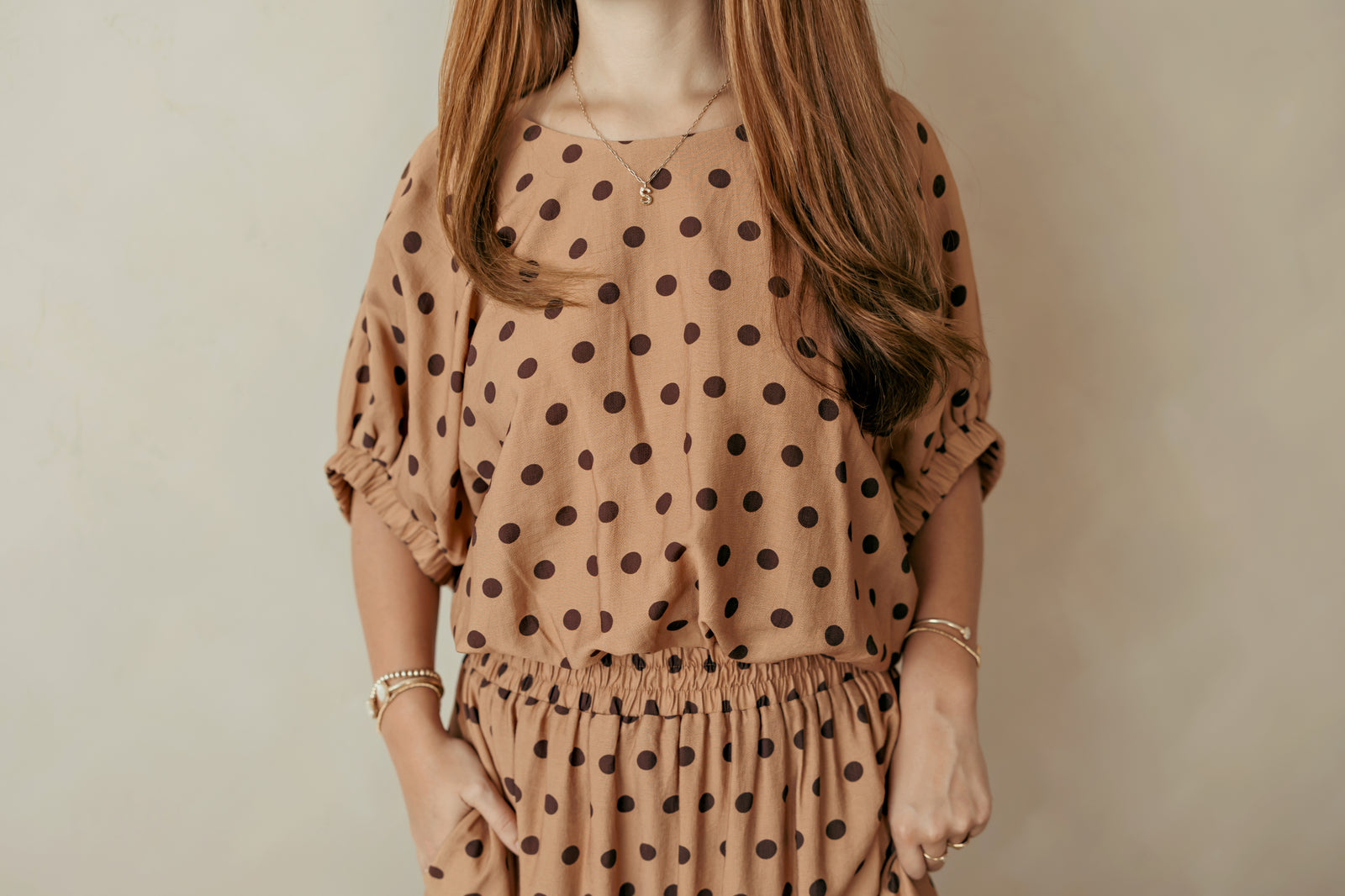 Camel & Brown Polka Dot Bubble Top