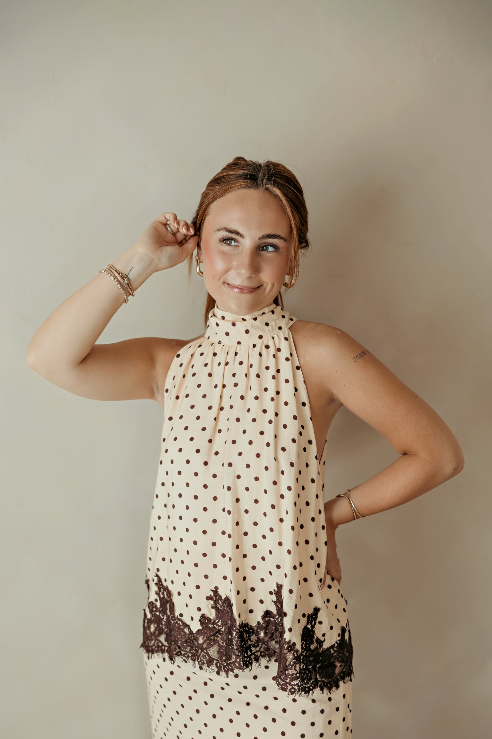 Spotted Romance Ecru Top With Lace At The Bottom
