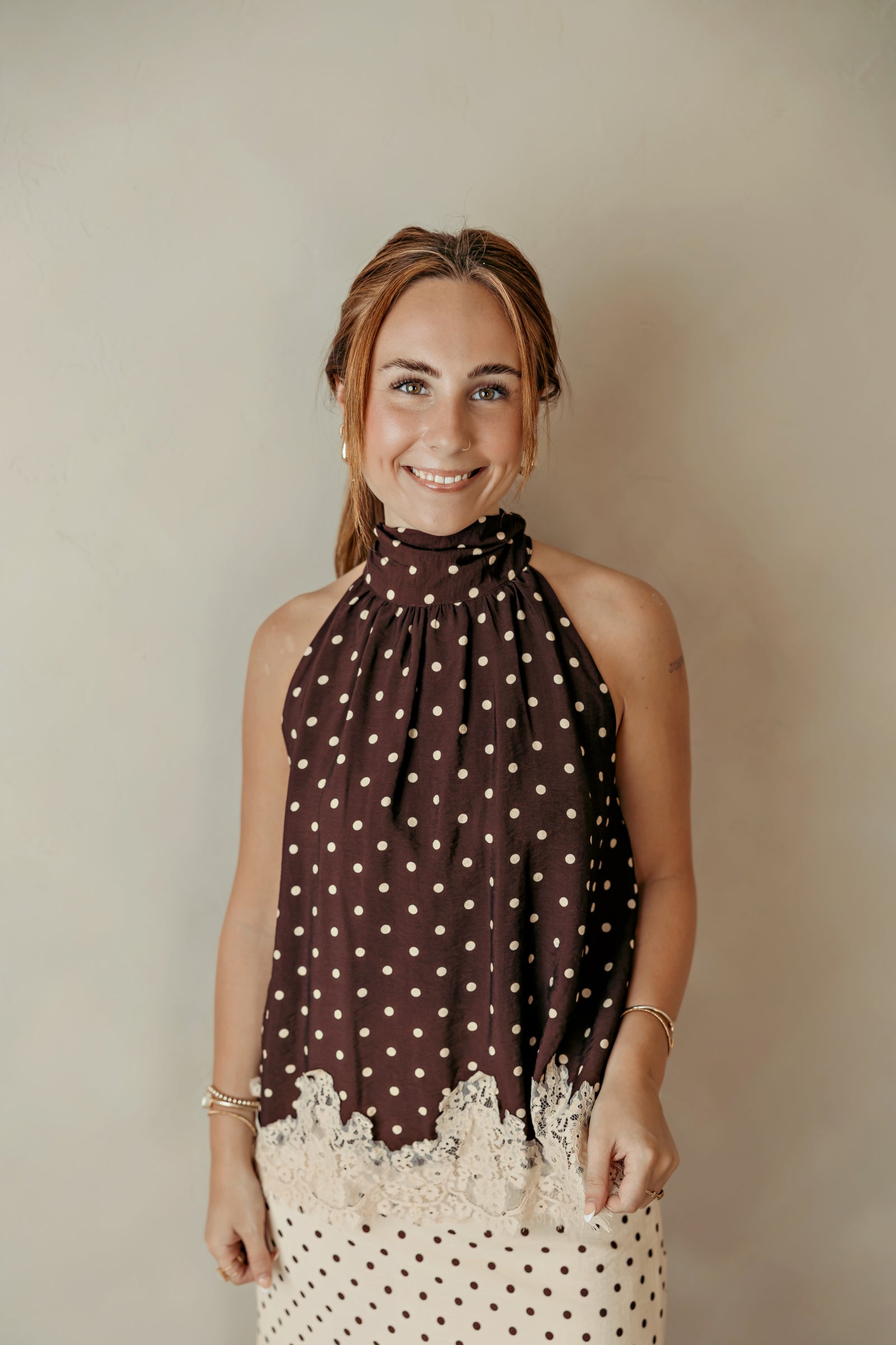 Polka Dot Lace Trim Tank Top Brown