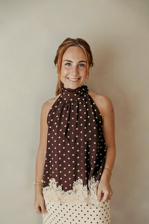Polka Dot Lace Trim Tank Top Brown