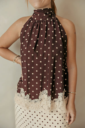 Polka Dot Lace Trim Tank Top Brown