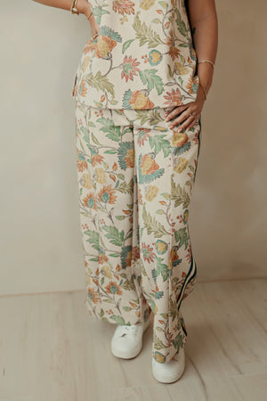 Color Ribbed Band Accent Floral Pants