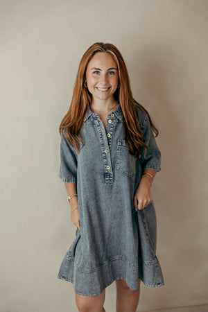 Back Pleat Washed Denim Casual Dress