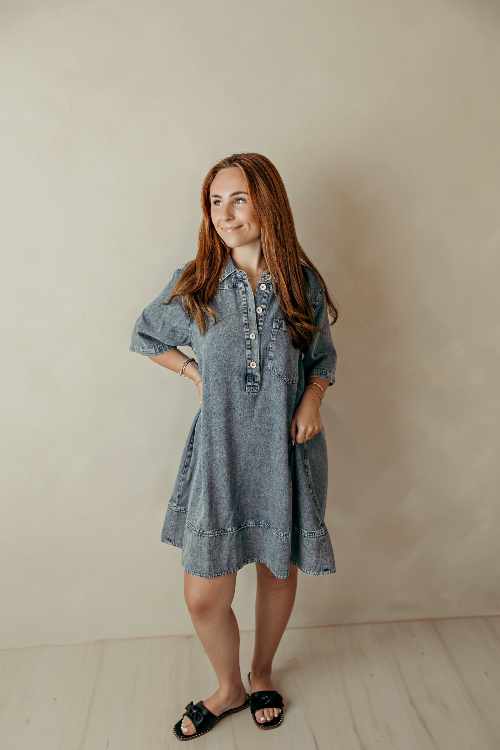 Back Pleat Washed Denim Casual Dress