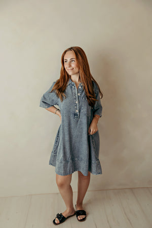 Back Pleat Washed Denim Casual Dress