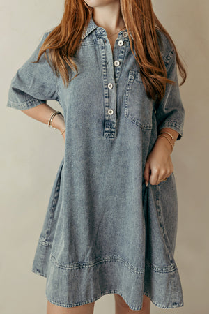 Back Pleat Washed Denim Casual Dress
