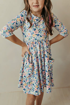 Fall Floral 3/4 Sleeve Pocket Twirl Dress