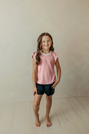 Girls Heathered Contrast Piped Ruffle Top Pink