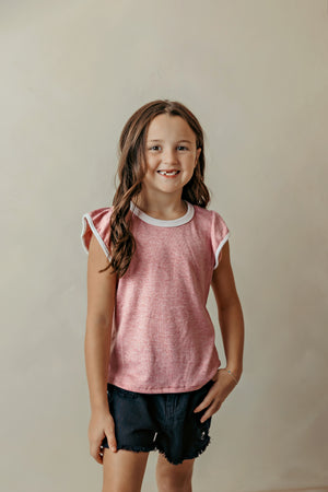 Girls Heathered Contrast Piped Ruffle Top Pink