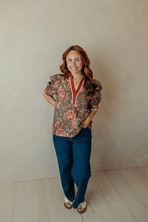 V Neck Olive Floral Puff Sleeve Top