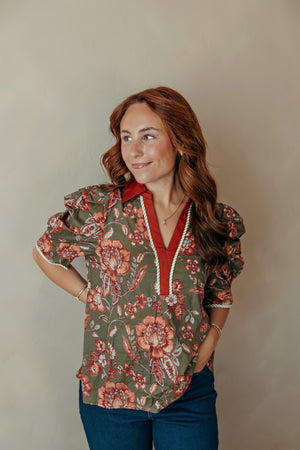 V Neck Olive Floral Puff Sleeve Top