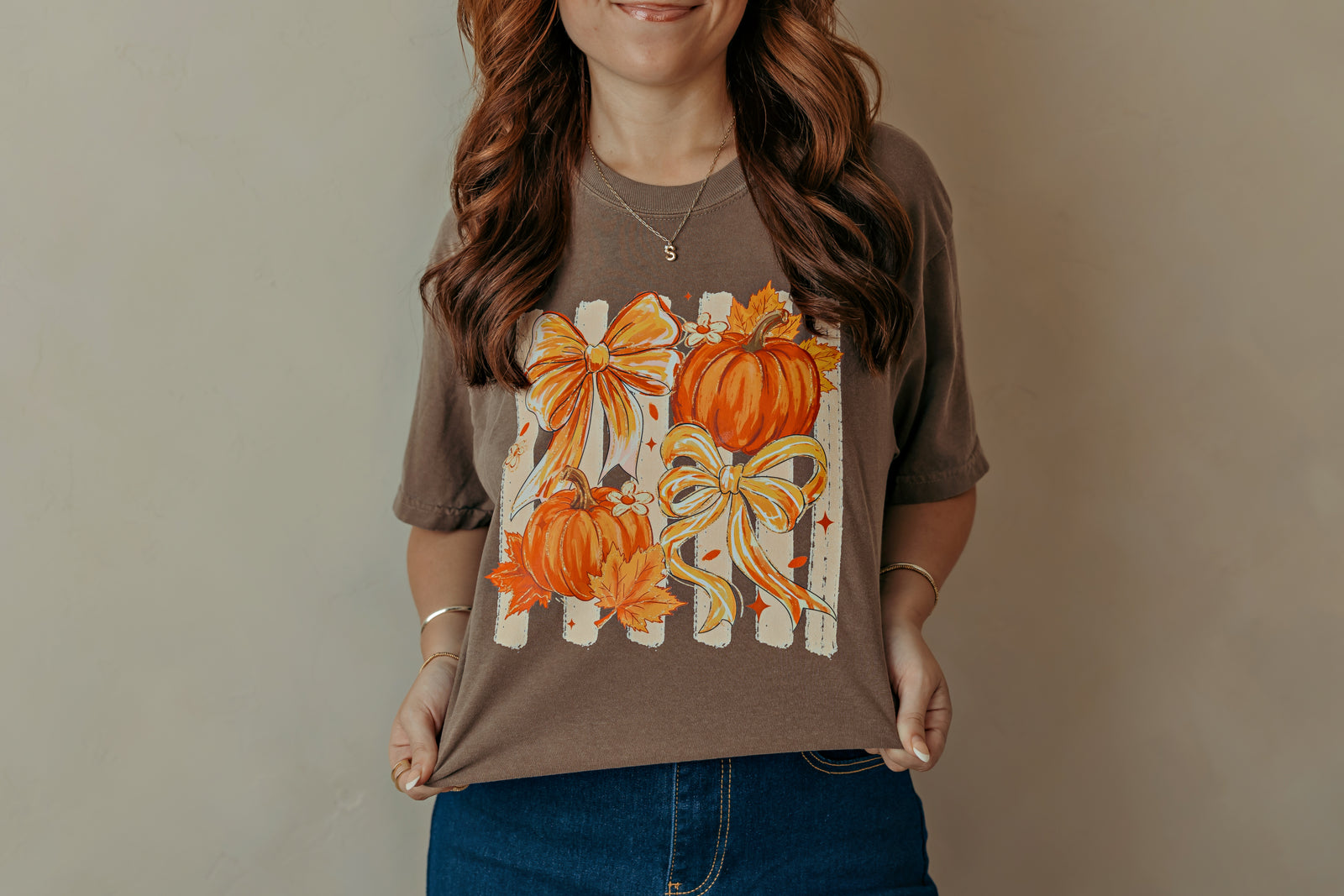 Colorful Striped Pumpkins And Bows Graphic Tee Brown