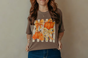 Colorful Striped Pumpkins And Bows Graphic Tee Brown