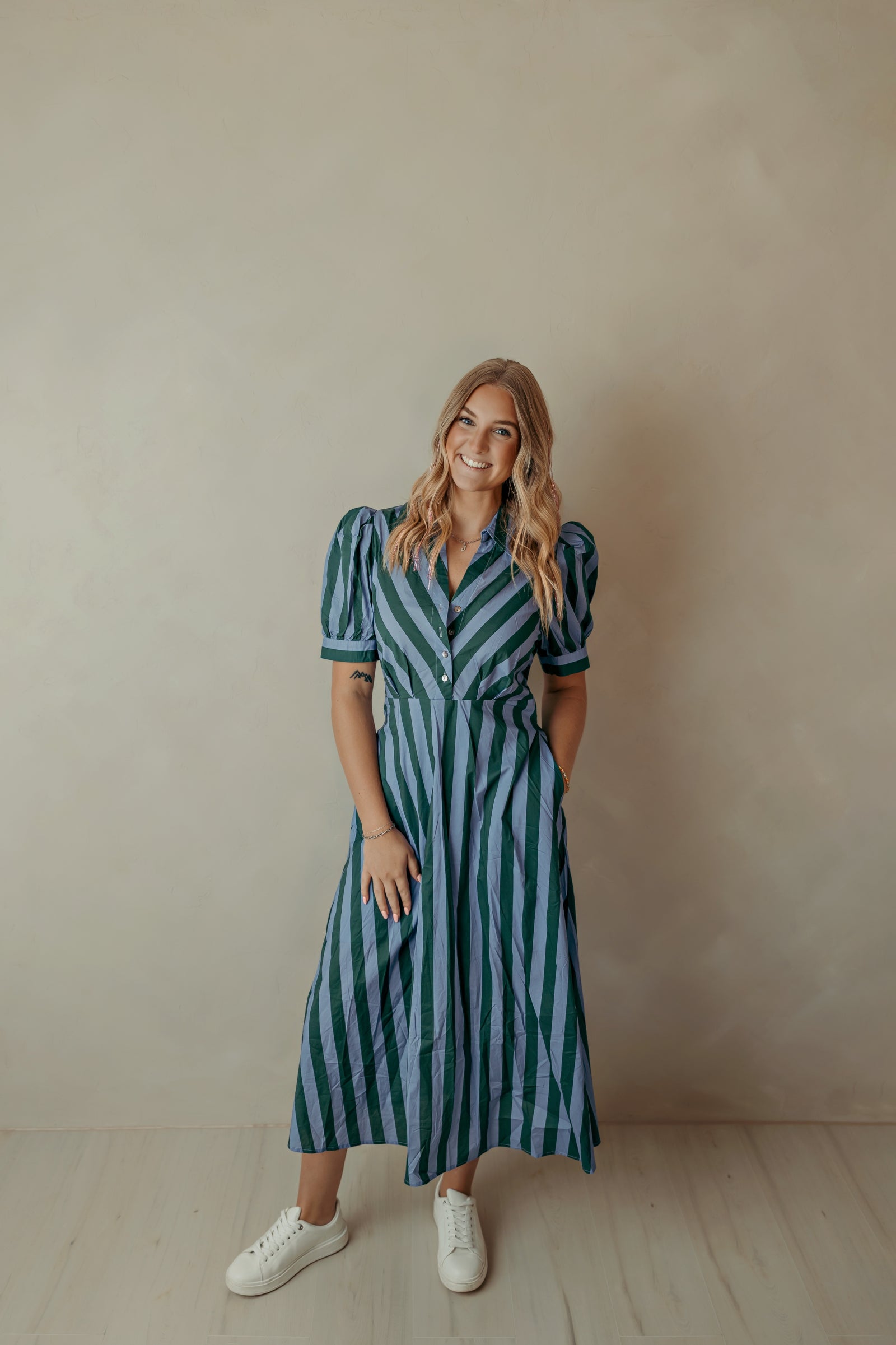 Stripe Hunter Green Midi Dress With Tie