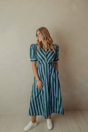 Stripe Hunter Green Midi Dress With Tie