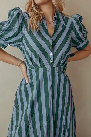 Stripe Hunter Green Midi Dress With Tie