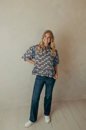 Blue Brown Floral Puff Sleeve Top