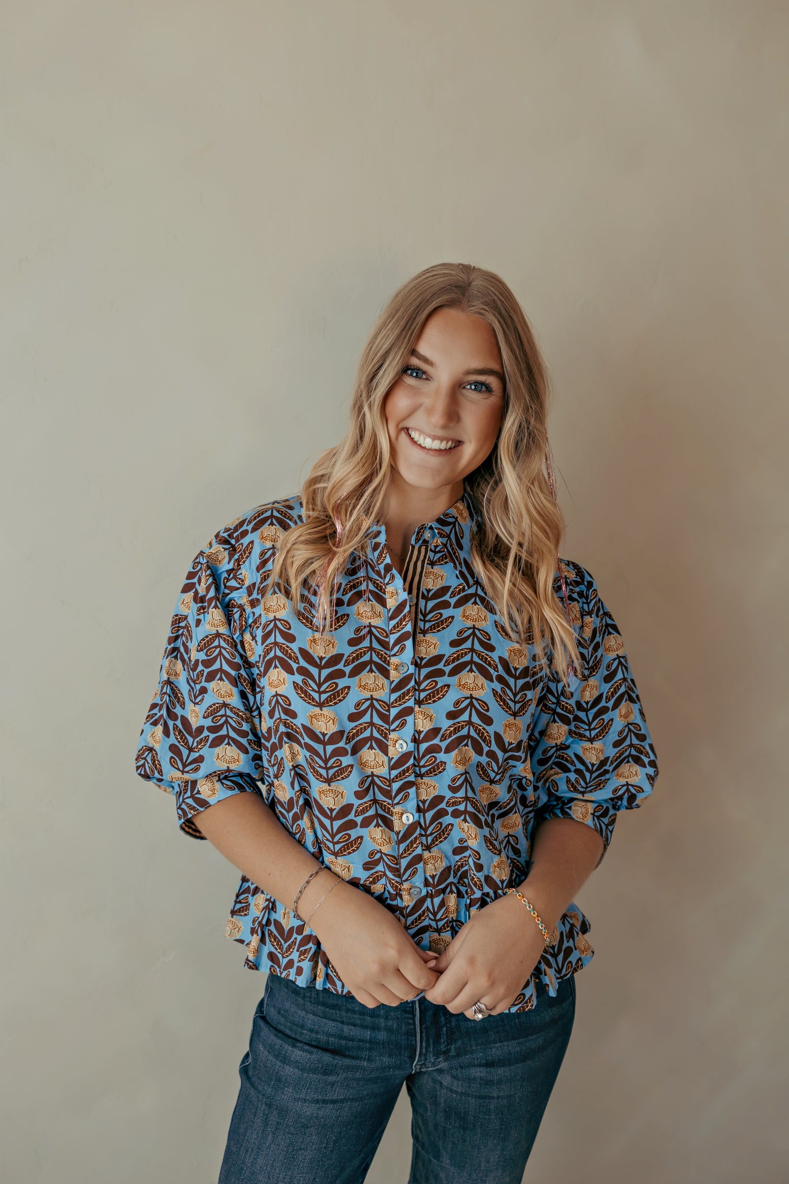 Blue Brown Floral Puff Sleeve Top