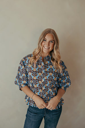 Blue Brown Floral Puff Sleeve Top