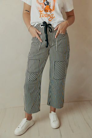 Braid Drawstring Waist Black Stripe Barrel Pants