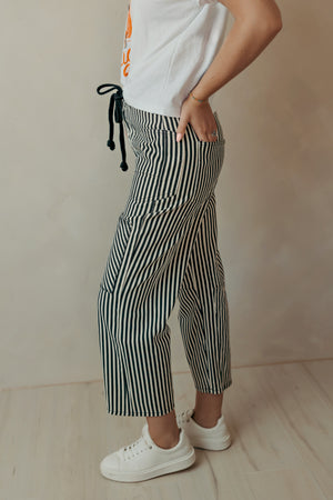 Braid Drawstring Waist Black Stripe Barrel Pants