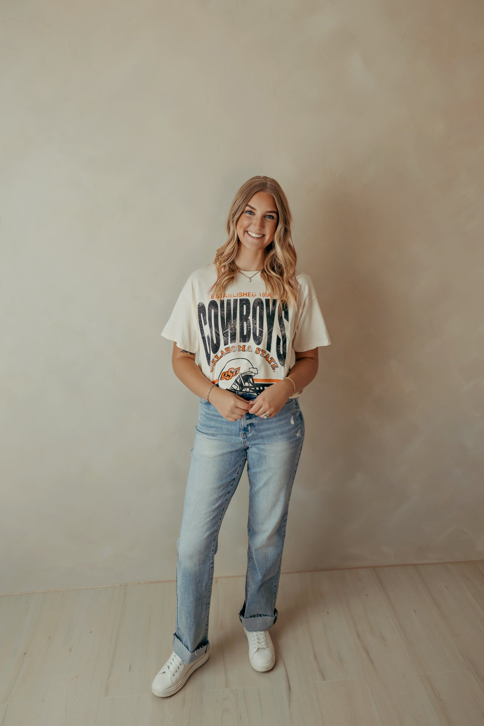 OSU Cowboys Est Date Helmet Thrifted Tee Off White