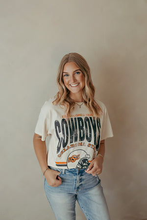 OSU Cowboys Est Date Helmet Thrifted Tee Off White