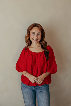 Pleat Detail Wide Neck Solid Top Red