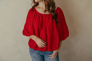 Pleat Detail Wide Neck Solid Top Red