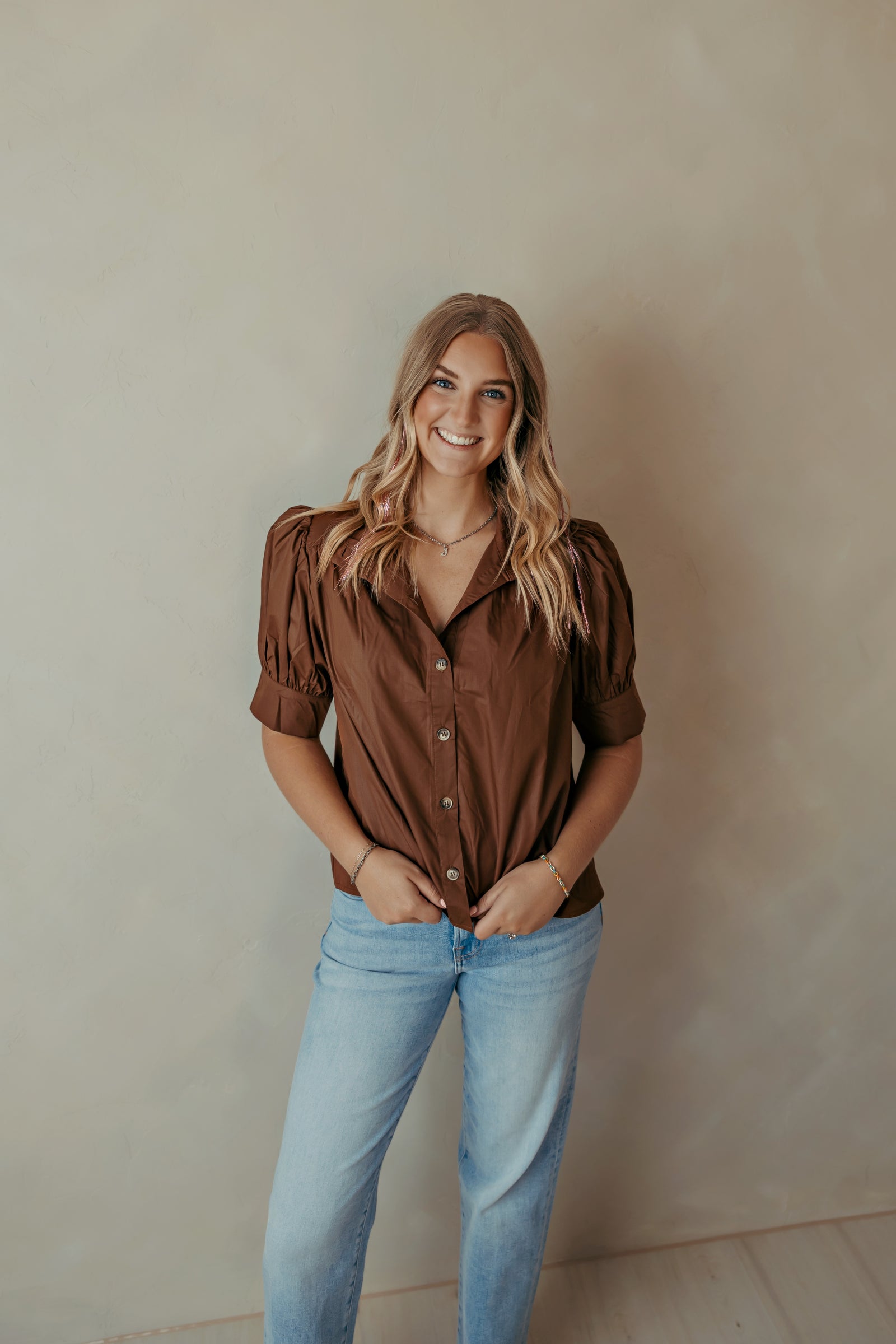 Brown Puff Sleeve Top