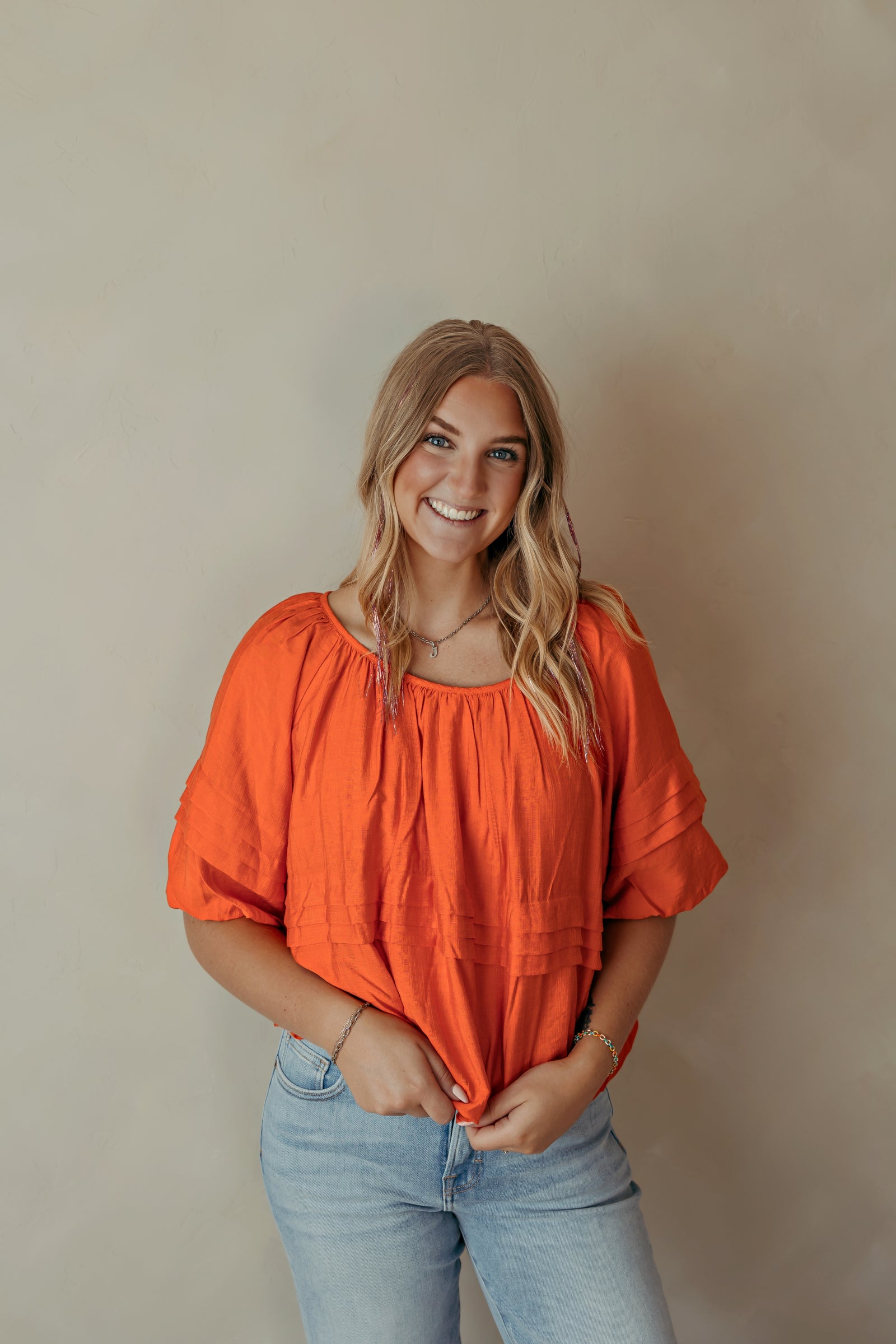 Pleat Detail Wide Neck Solid Top Orange
