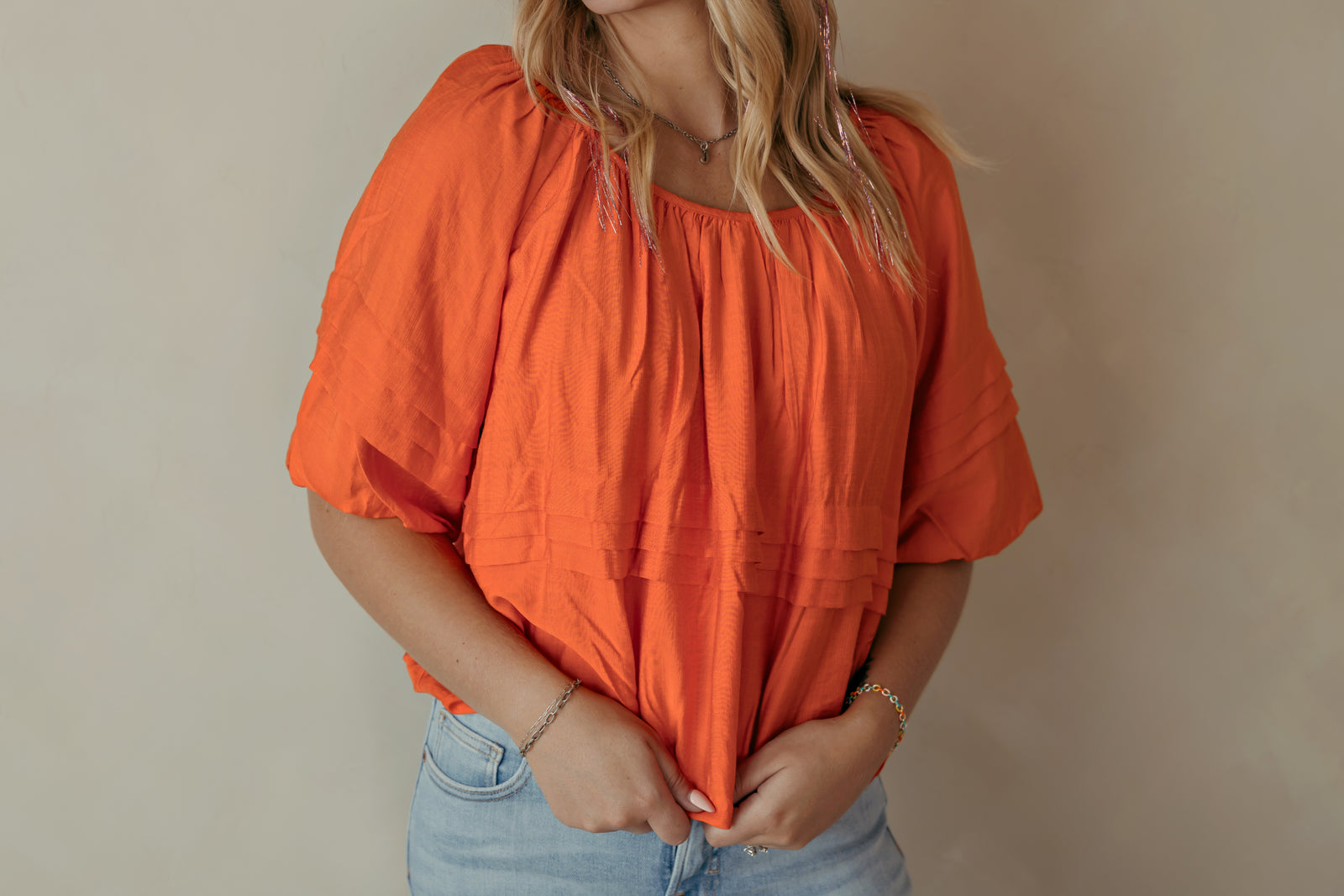 Pleat Detail Wide Neck Solid Top Orange