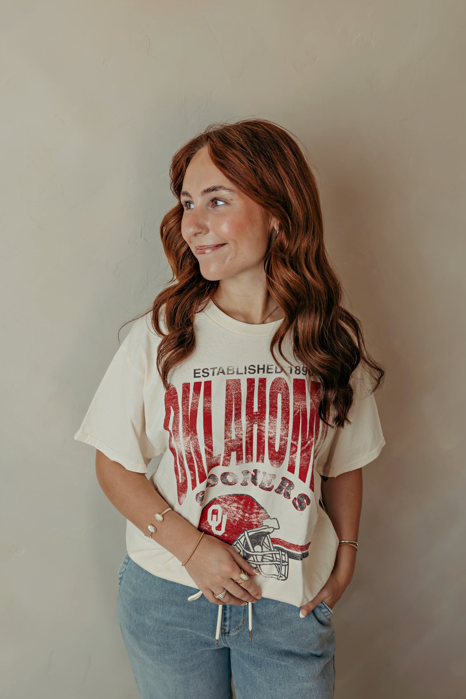 OU Sooners Est Date Helmet Thrifted Tee Off White