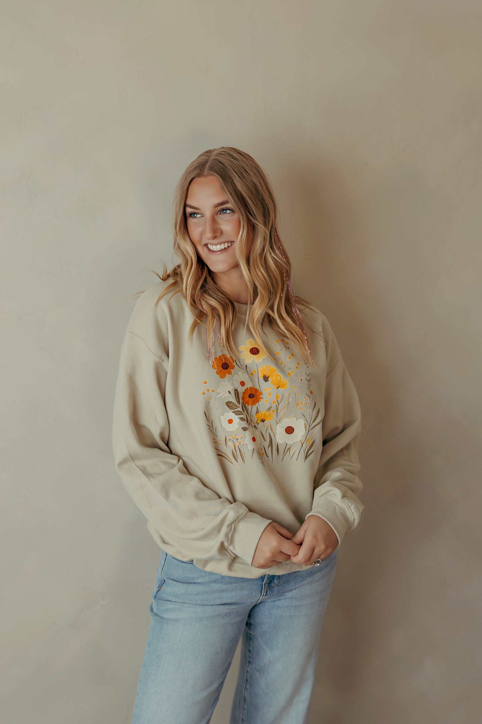 Fall Colored Floral Sweatshirt Sand