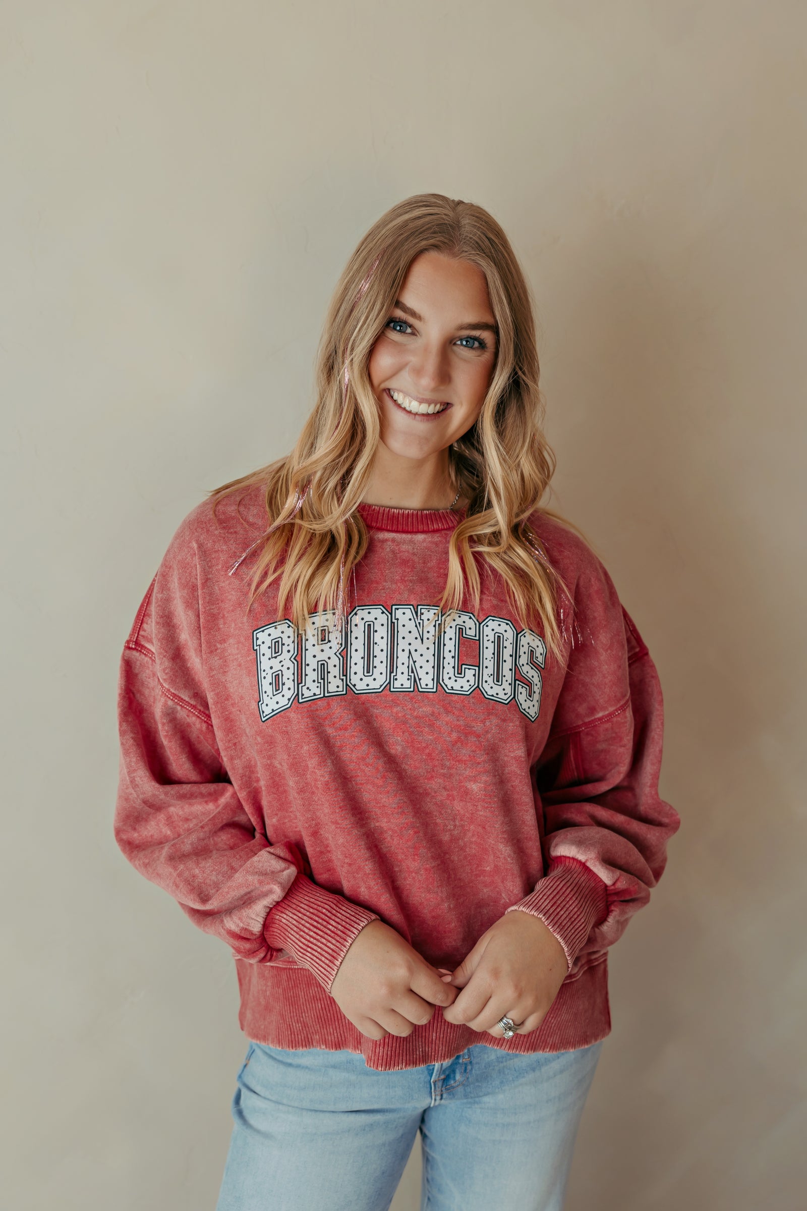 Red Acid Wash Sweatshirt Polka Dot Mustang Broncos