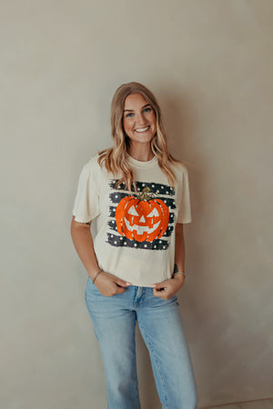 Adult Striped Jack O Lantern Graphic Tee Ivory