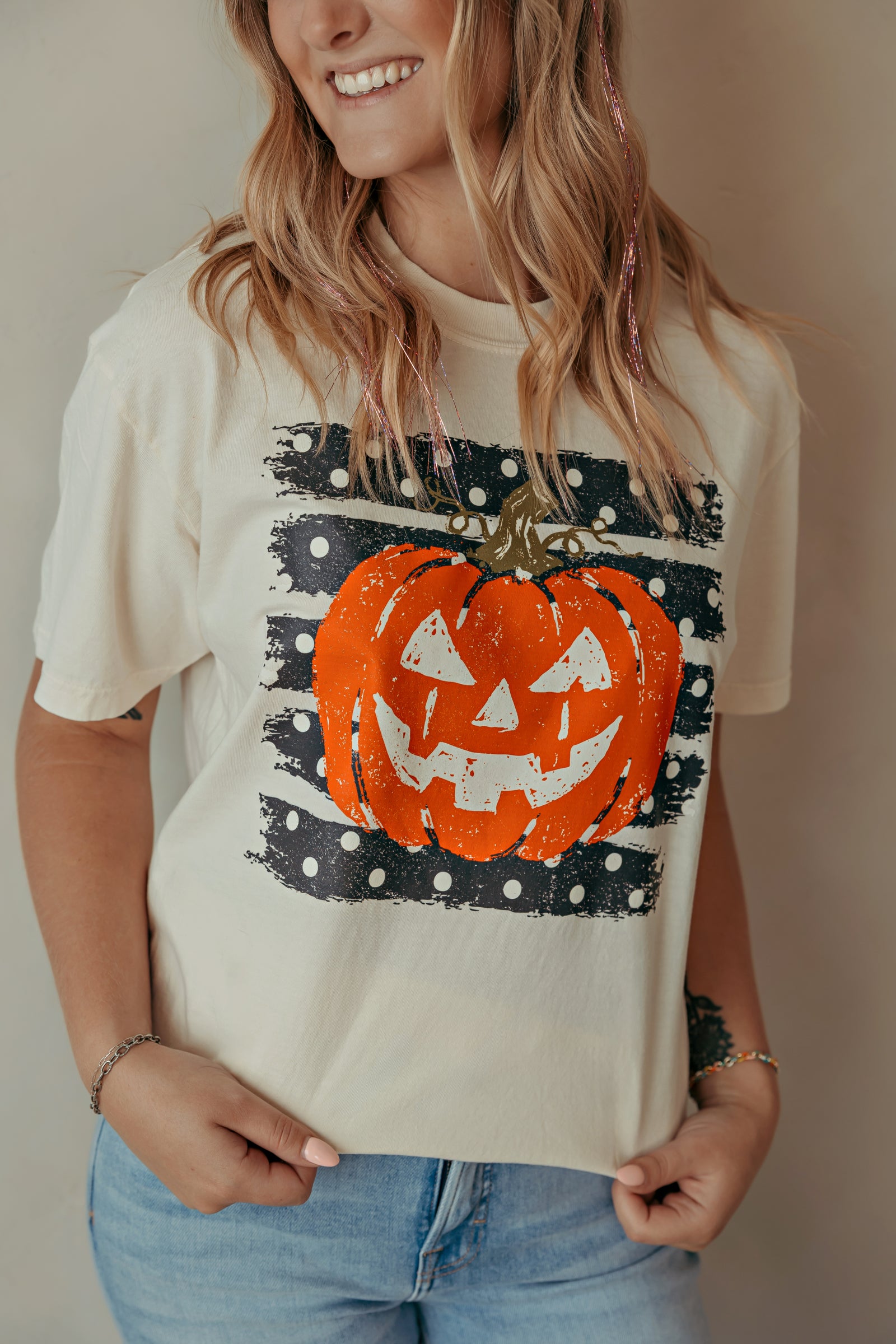 Adult Striped Jack O Lantern Graphic Tee Ivory