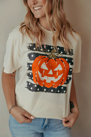 Adult Striped Jack O Lantern Graphic Tee Ivory