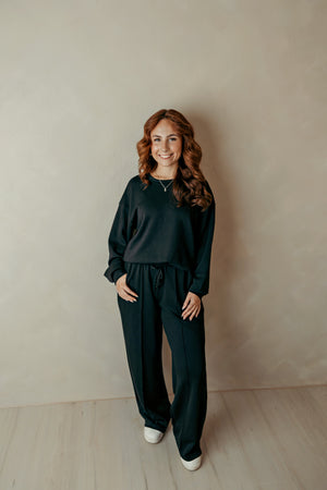 Black Drawstring Waist Pintuck Wide Leg Pant