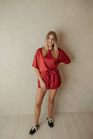 Dark Red Elastic Waistband Shorts